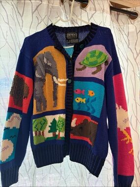Vintage 1989 Berek Colorful Animal & Nature Patchwork Cardigan - Navy Multi